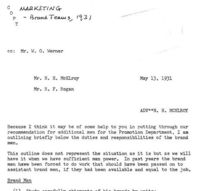 First page of Neil McElroy's Brand Man memo, Procter & Gamble, May 13, 1931