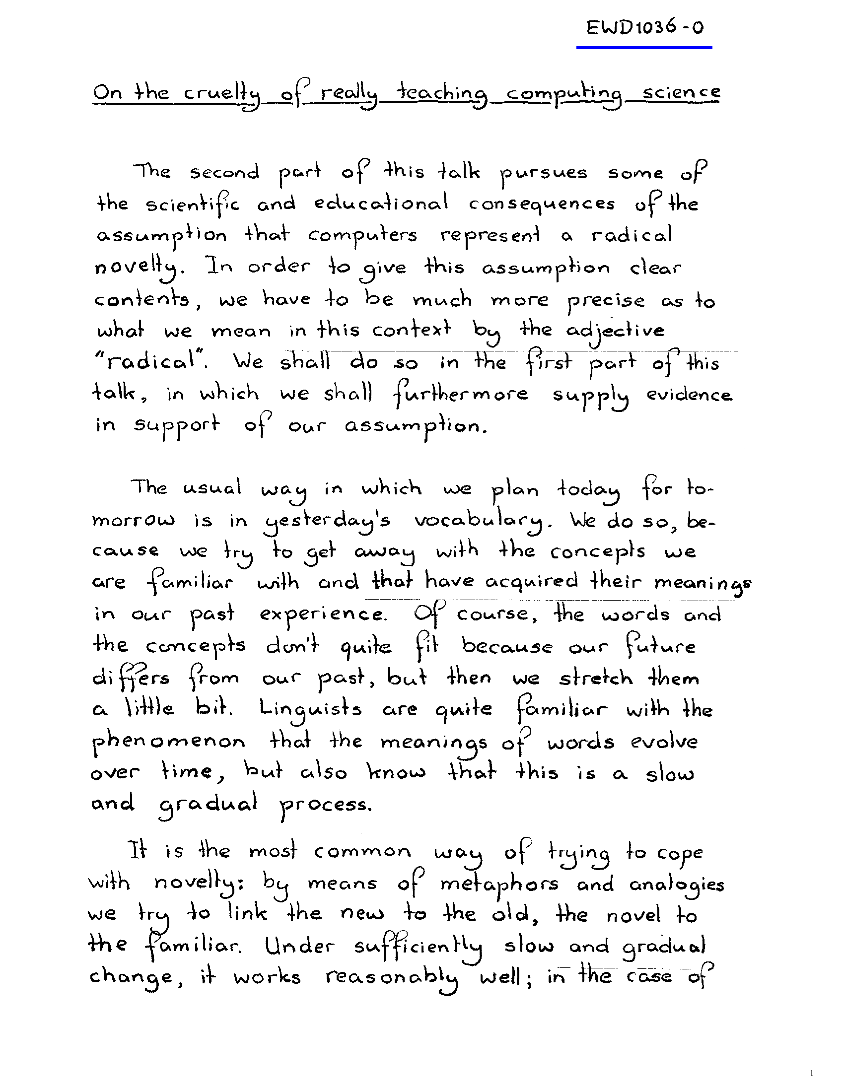 First page of EWD 1036 — On the cruelty of really teaching computing science, handwritten manuscript by Edsger W. Dijkstra, 1988