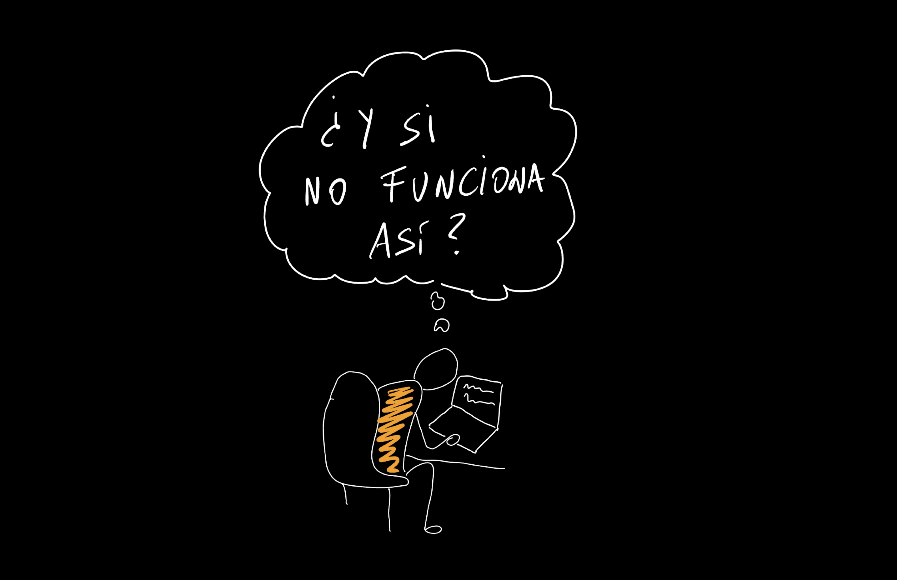 Alguien frente a un portátil con un bocadillo de pensamiento: «¿Y si no funciona así?»