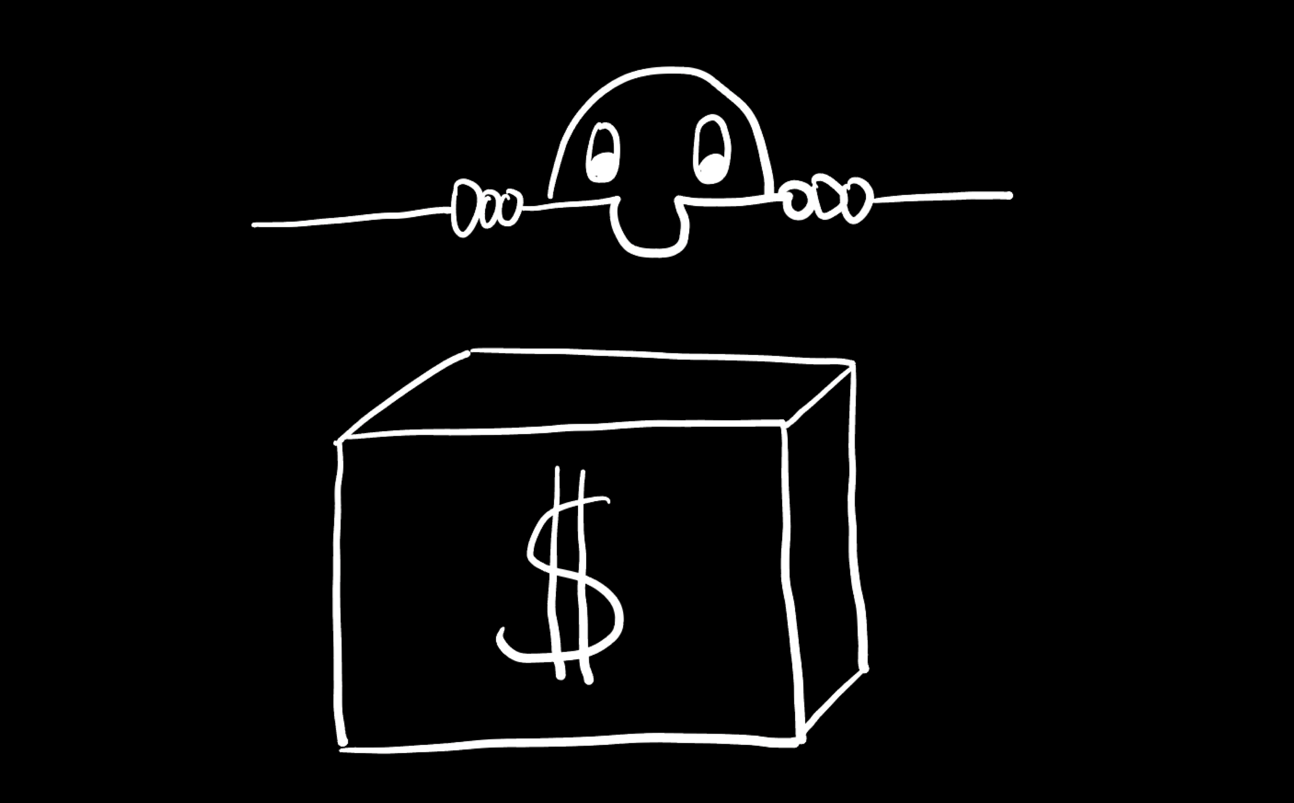 Drawing of a figure peering over a wall at a box marked with a dollar sign