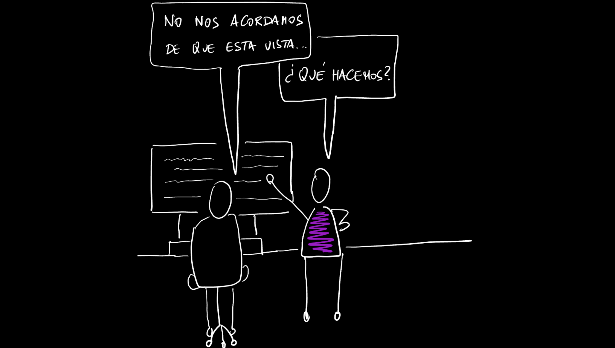 Viñeta: ante una pantalla, una persona dice "No nos acordamos de que esta vista..." y otra pregunta "¿Qué hacemos?"