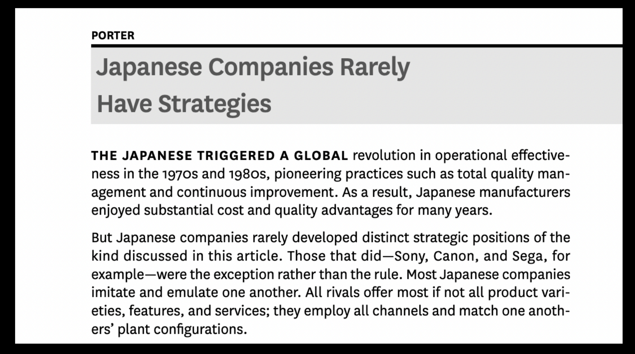 Fragmento del artículo de Michael Porter titulado "Japanese Companies Rarely Have Strategies"