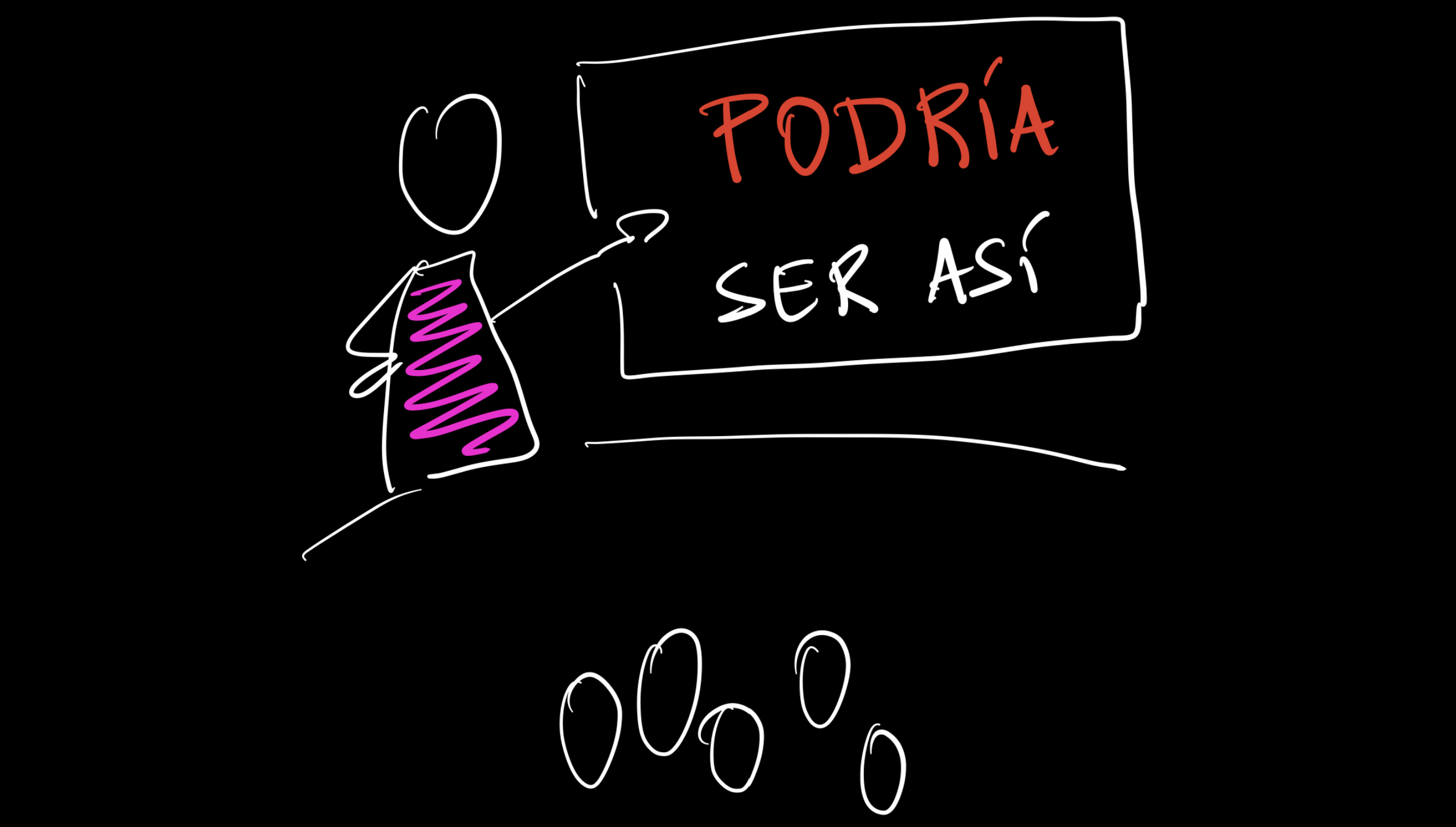 Viñeta: alguien señala un cartel que dice "Podría ser así" ante un público