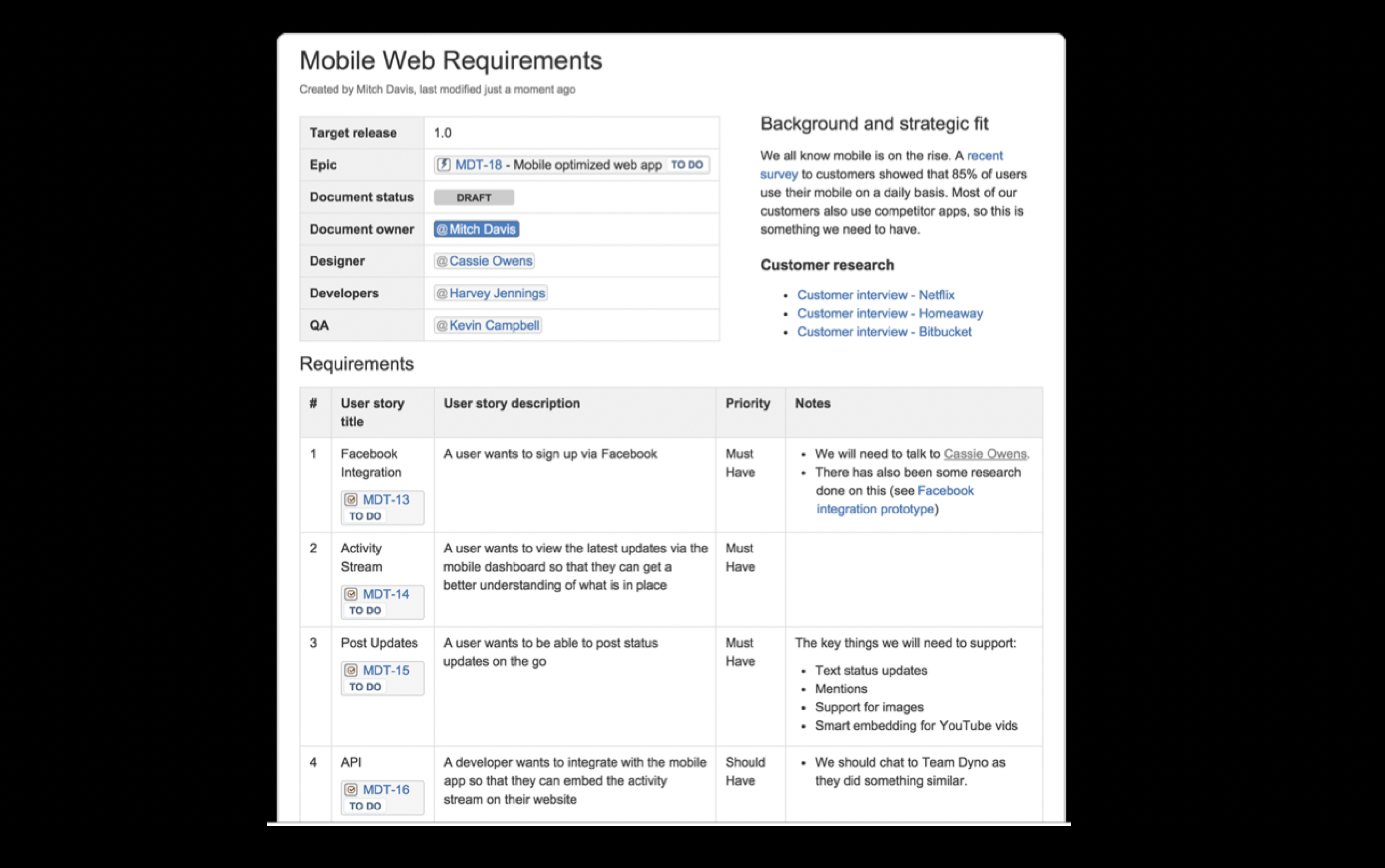 Requirements and user stories laid out in a table