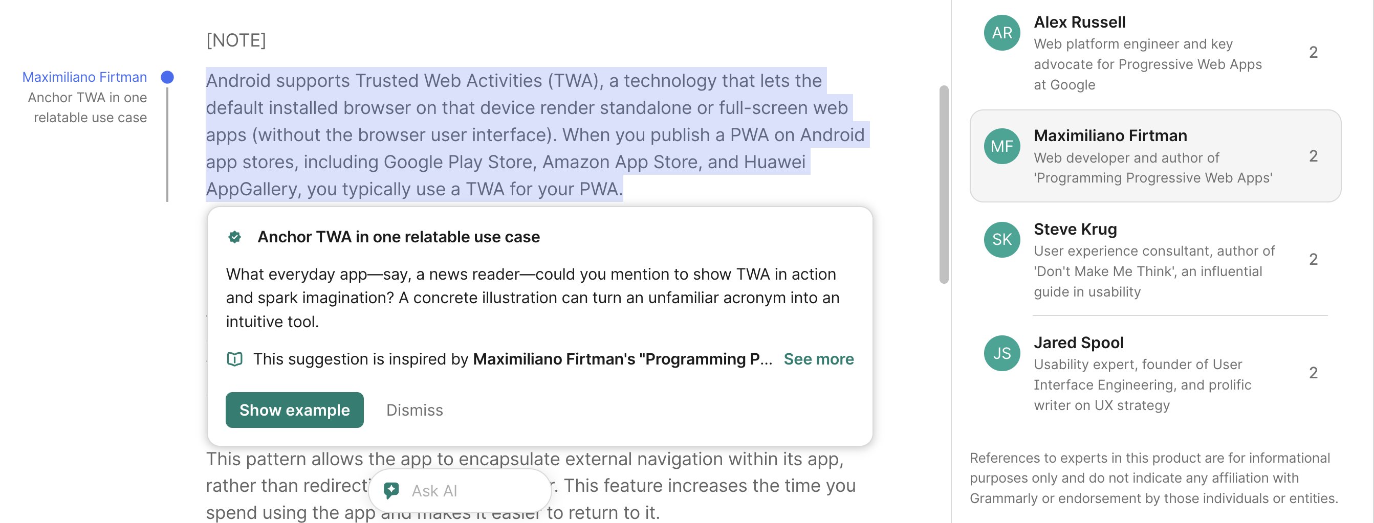 Grammarly utilizando el estilo de Maximiliano Firtman sin su consentimiento