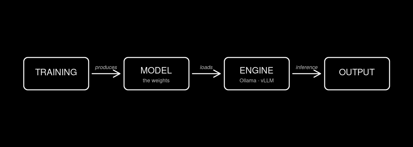 Training, model, engine, output: what a model is made of and how it runs.