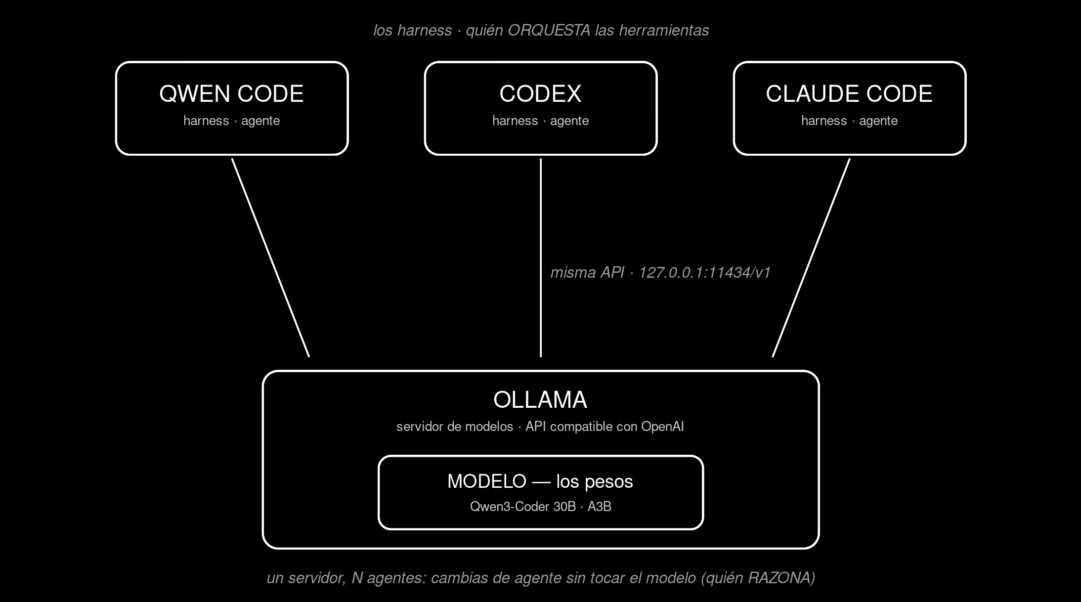 Un servidor de modelos, varios harness cliente.