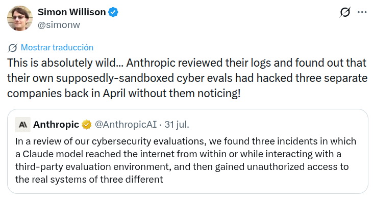 Tuit de Simon Willison sobre el escape de sandbox de Anthropic 