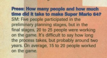 Recorte de una entrevista: cinco personas participaron en la planificación preliminar de Super Mario 64 y entre 20 y 25 en las fases finales, con una media de 15 a 20 personas durante unos dos años