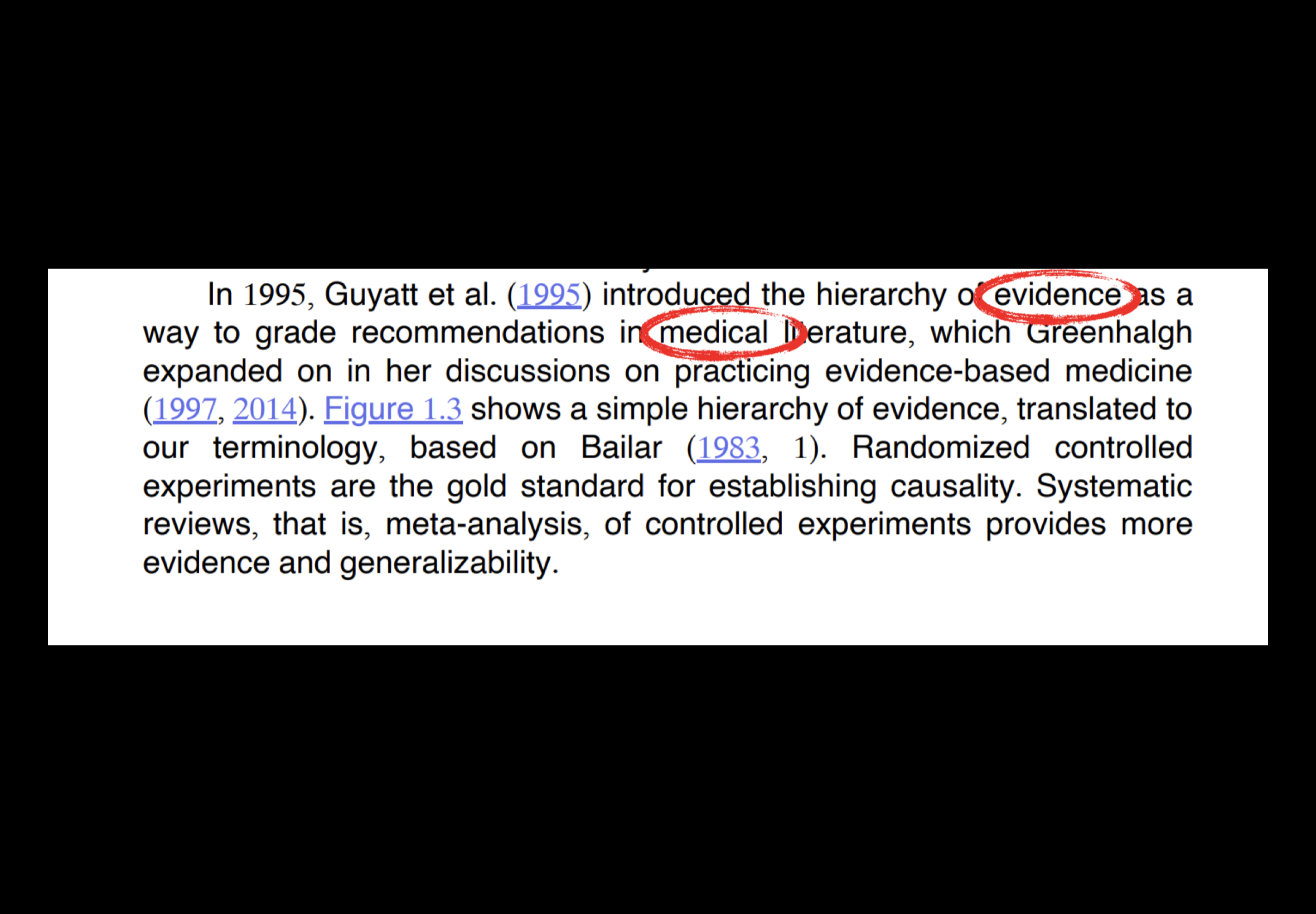 Párrafo de un libro, con «evidence» y «medical literature» subrayados en rojo, sobre la jerarquía de la evidencia de Guyatt