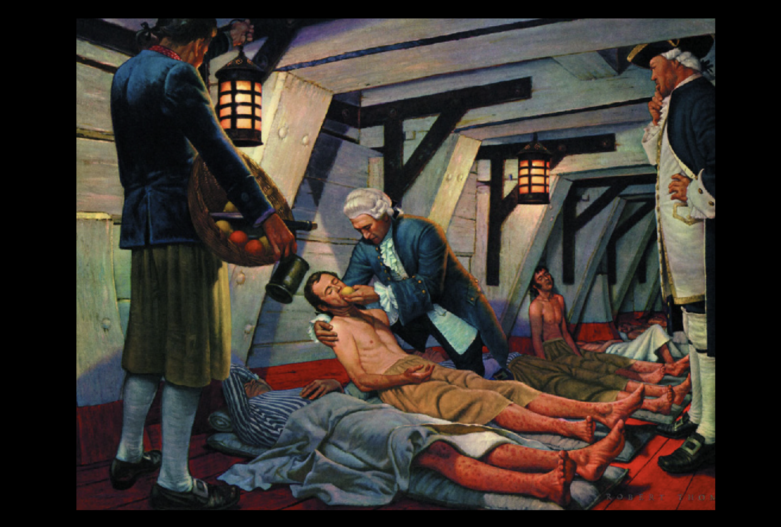 Pintura de un cirujano naval del siglo XVIII administrando cítricos a marineros enfermos de escorbuto en la cubierta de un barco